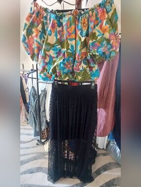 Torrid Black Sheer Maxi Skirt - Lightweight Layered with Colorful Crop Top Sz L